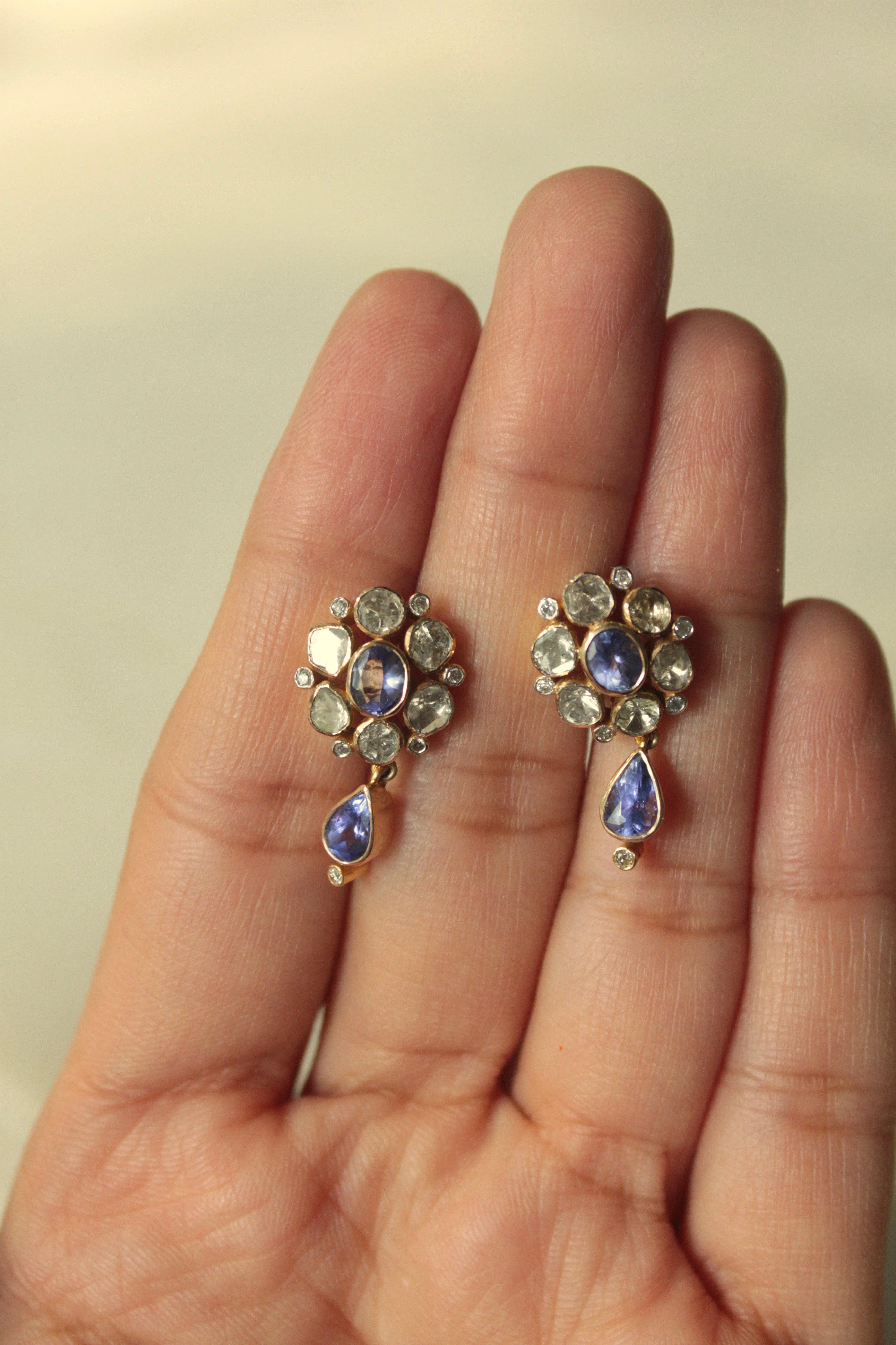 14K gold floral polki earrings blue teardrop gemstones