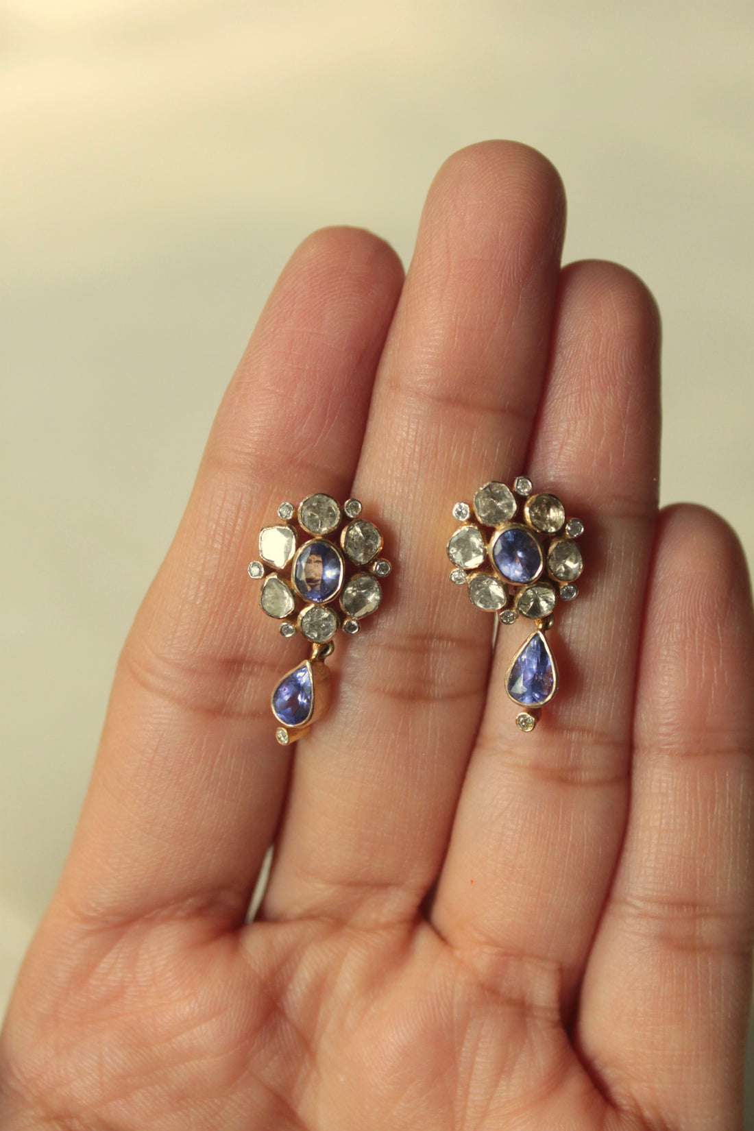 14K gold floral polki earrings blue teardrop gemstones