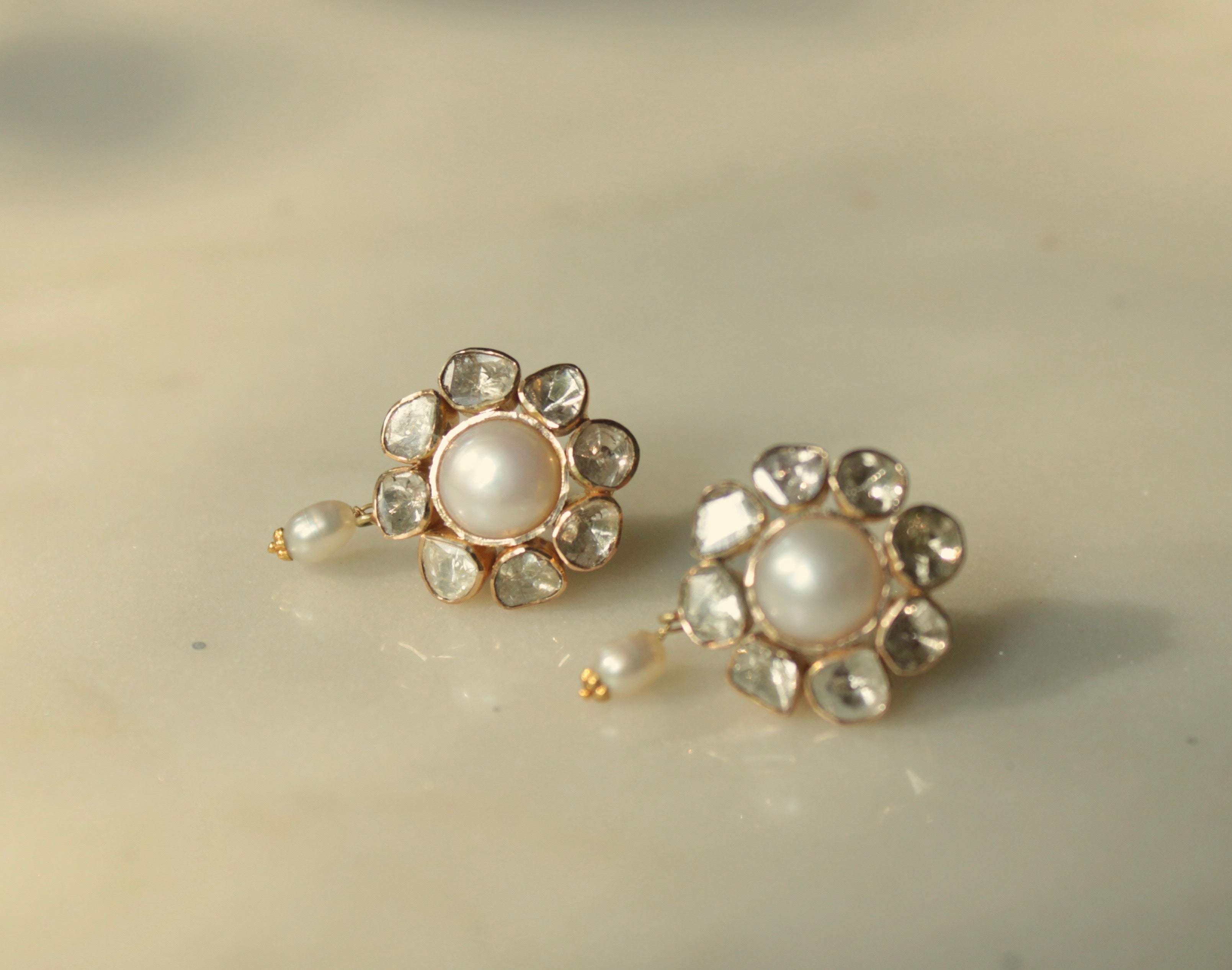 14K gold Hasrat Earrings pearl and polki diamond cluster