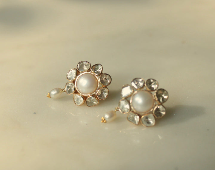 14K gold Hasrat Earrings pearl and polki diamond cluster