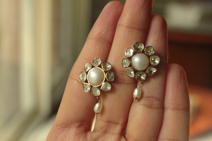 14K gold pearl polki earrings teardrop pearl dangle
