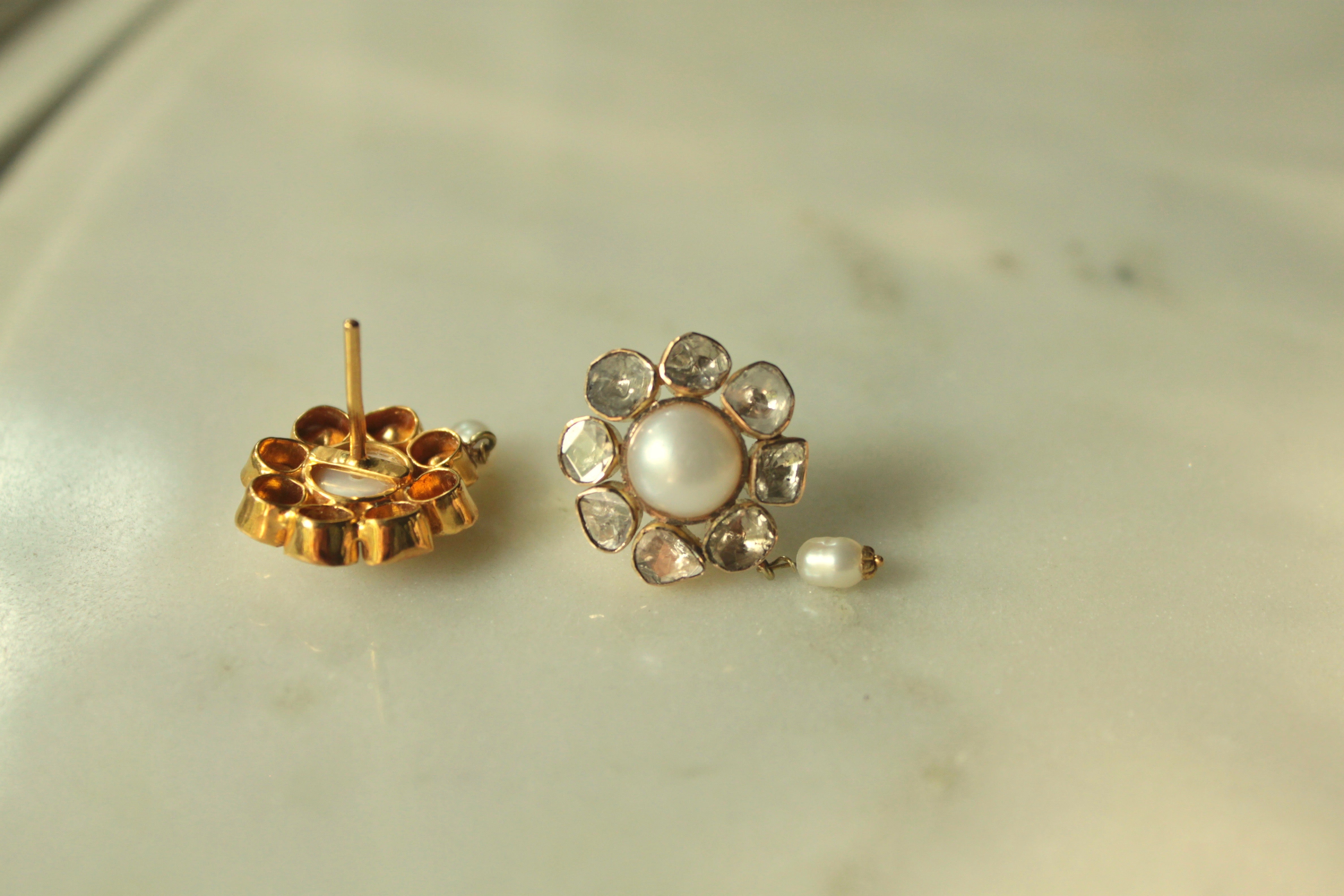 14K gold pearl polki earrings floral design