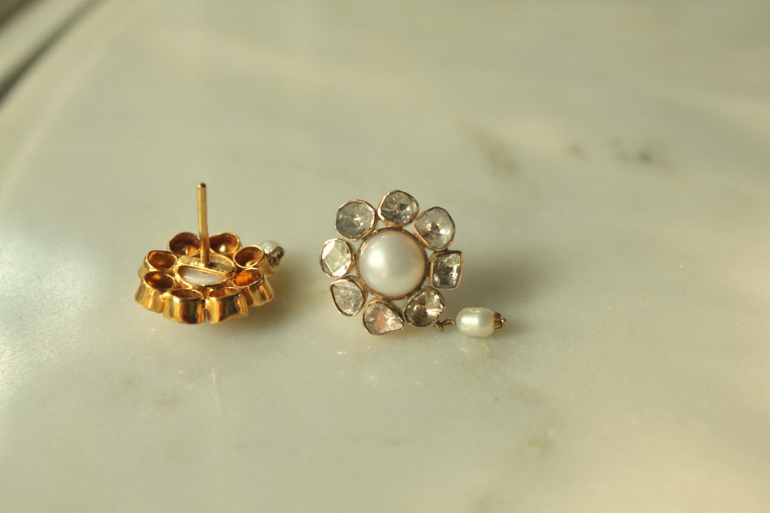 14K gold pearl polki earrings floral design
