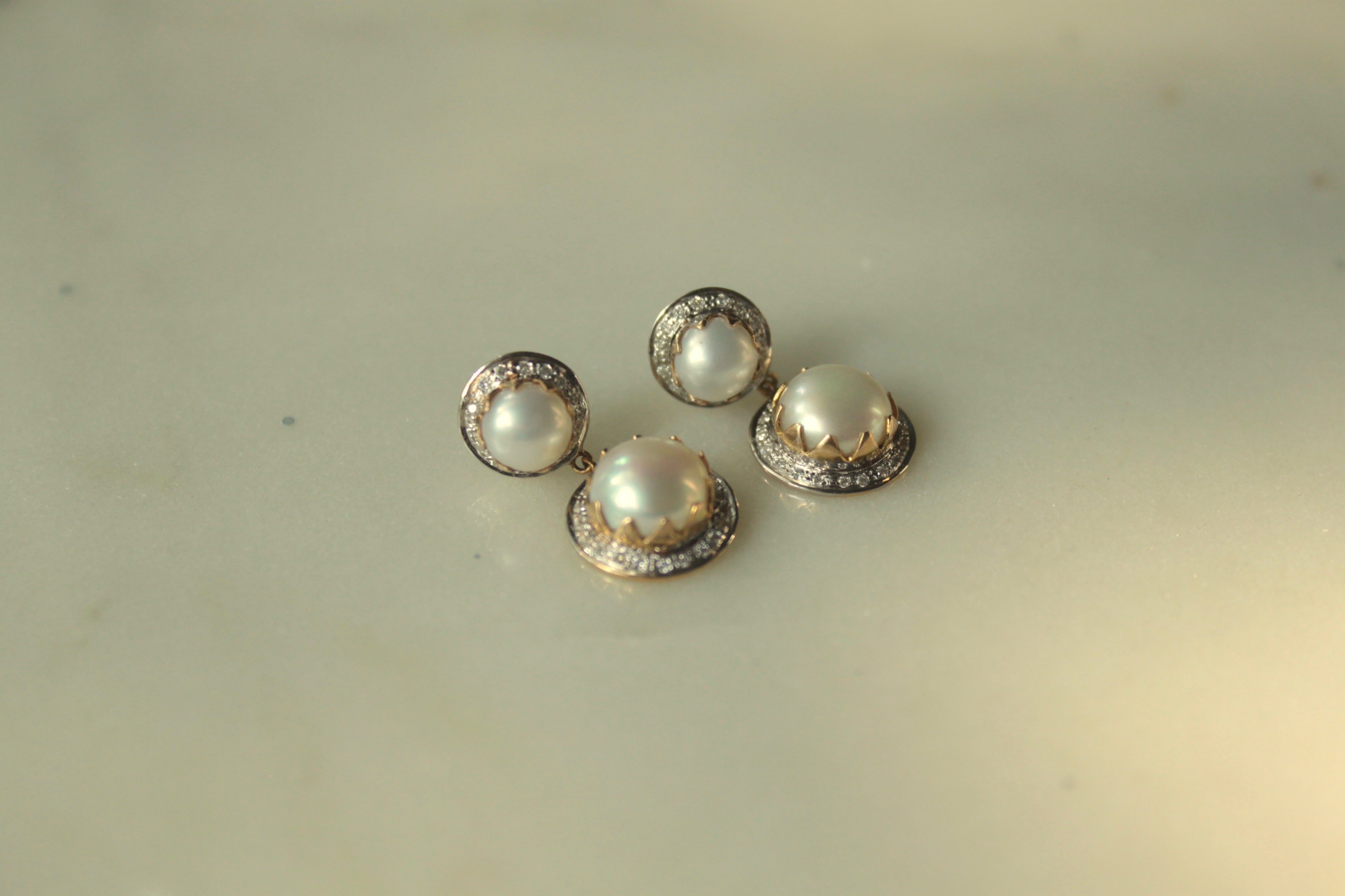 14K gold pearl earrings with crystal accents