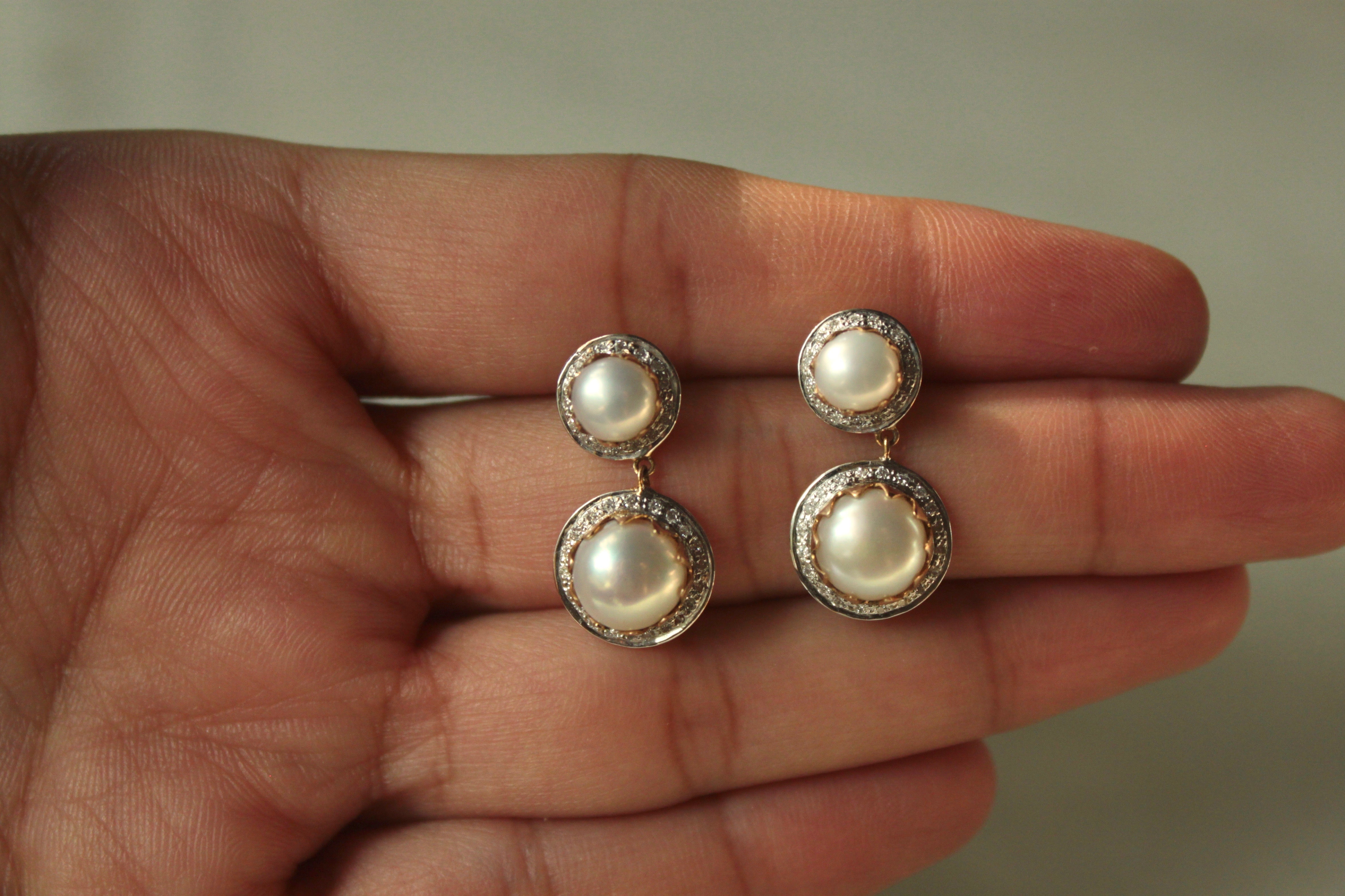 14K gold double pearl drop earrings with crystal setting