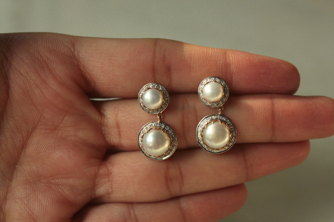 14K gold double pearl drop earrings with crystal setting