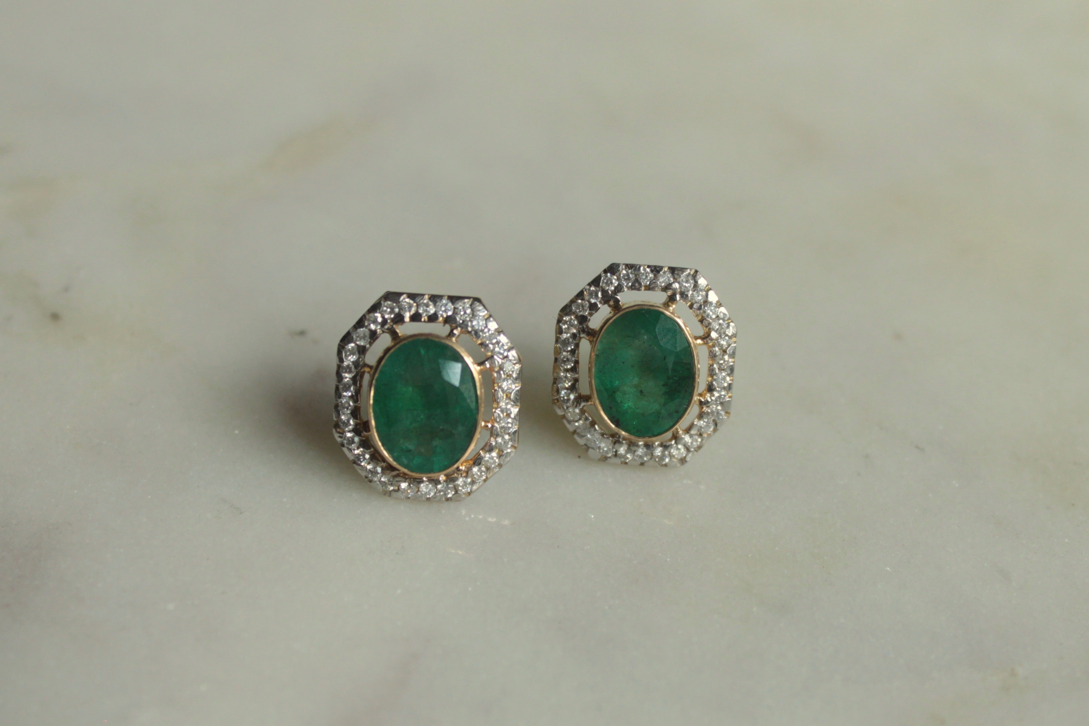 14K gold Falak Earrings oval emerald stud with diamond halo