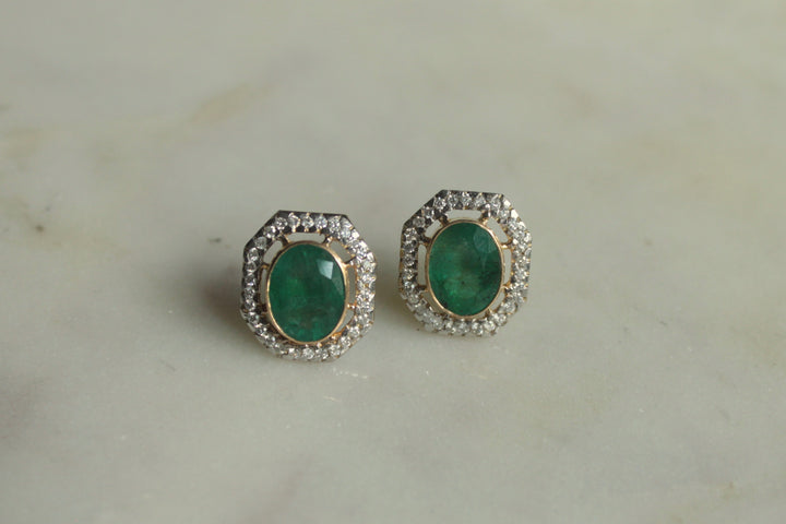 14K gold Falak Earrings oval emerald stud with diamond halo