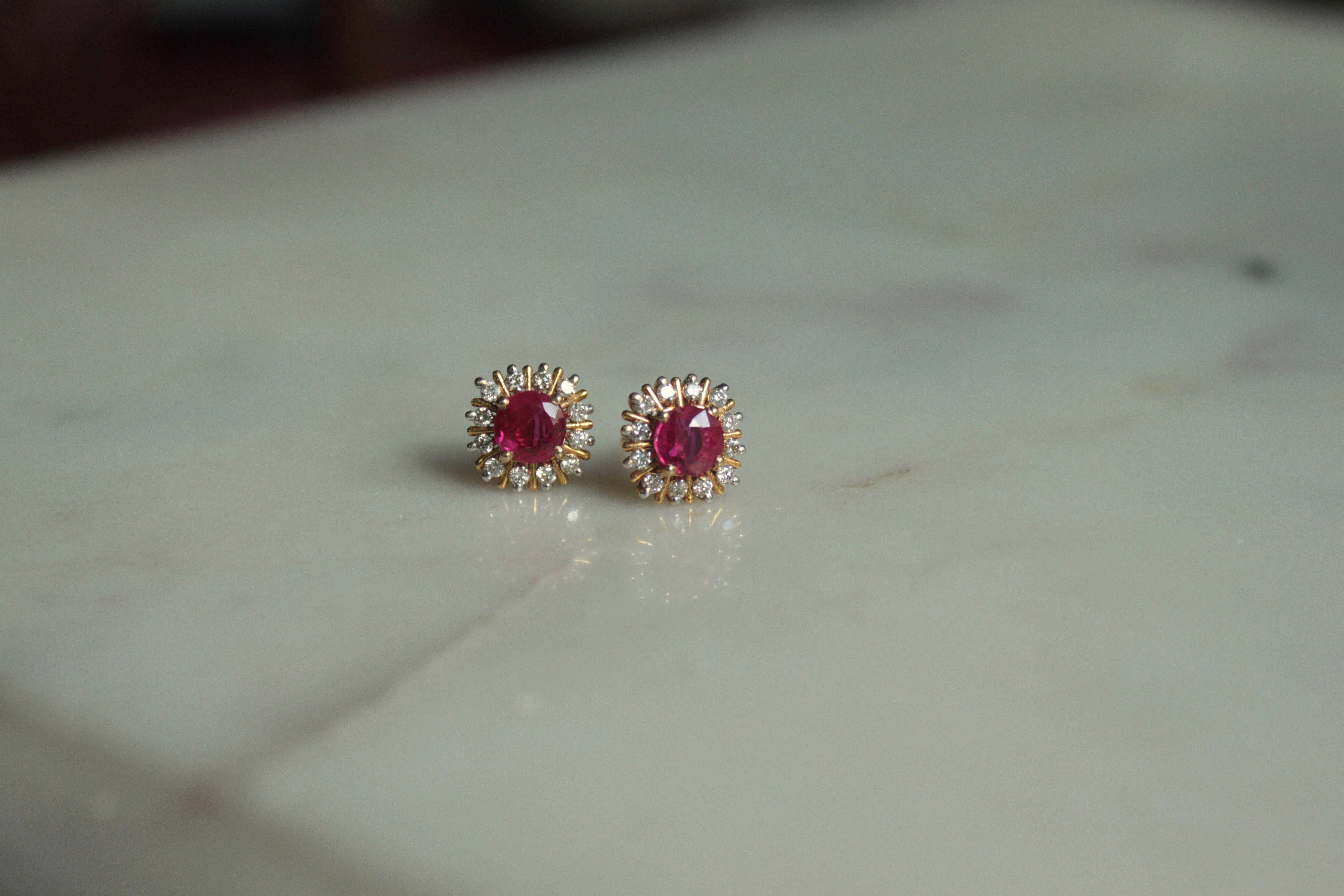 14K gold square ruby stud earrings with diamonds