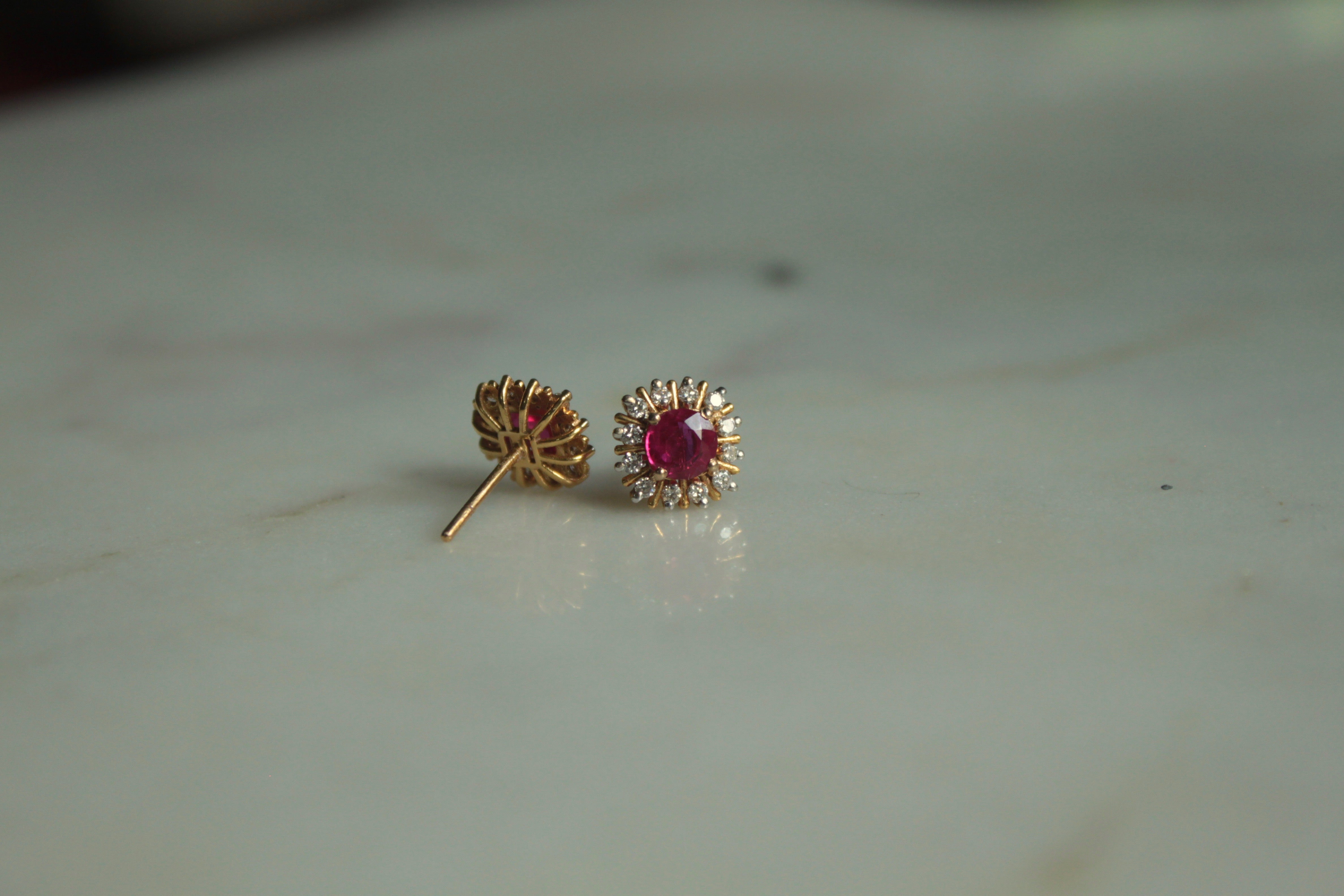 14K gold Dua Earrings ruby stud with diamond accents