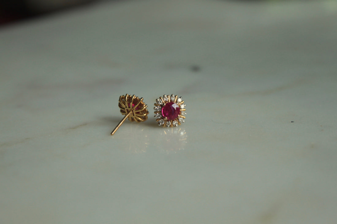 14K gold Dua Earrings ruby stud with diamond accents