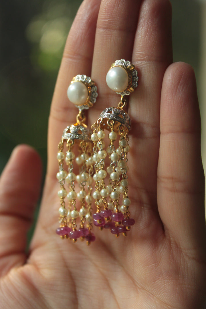 14K gold Nabila Jhumkas with pearl studs and pink bead strands
