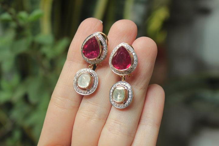 14K gold polki earrings with teardrop pink stones and pearls