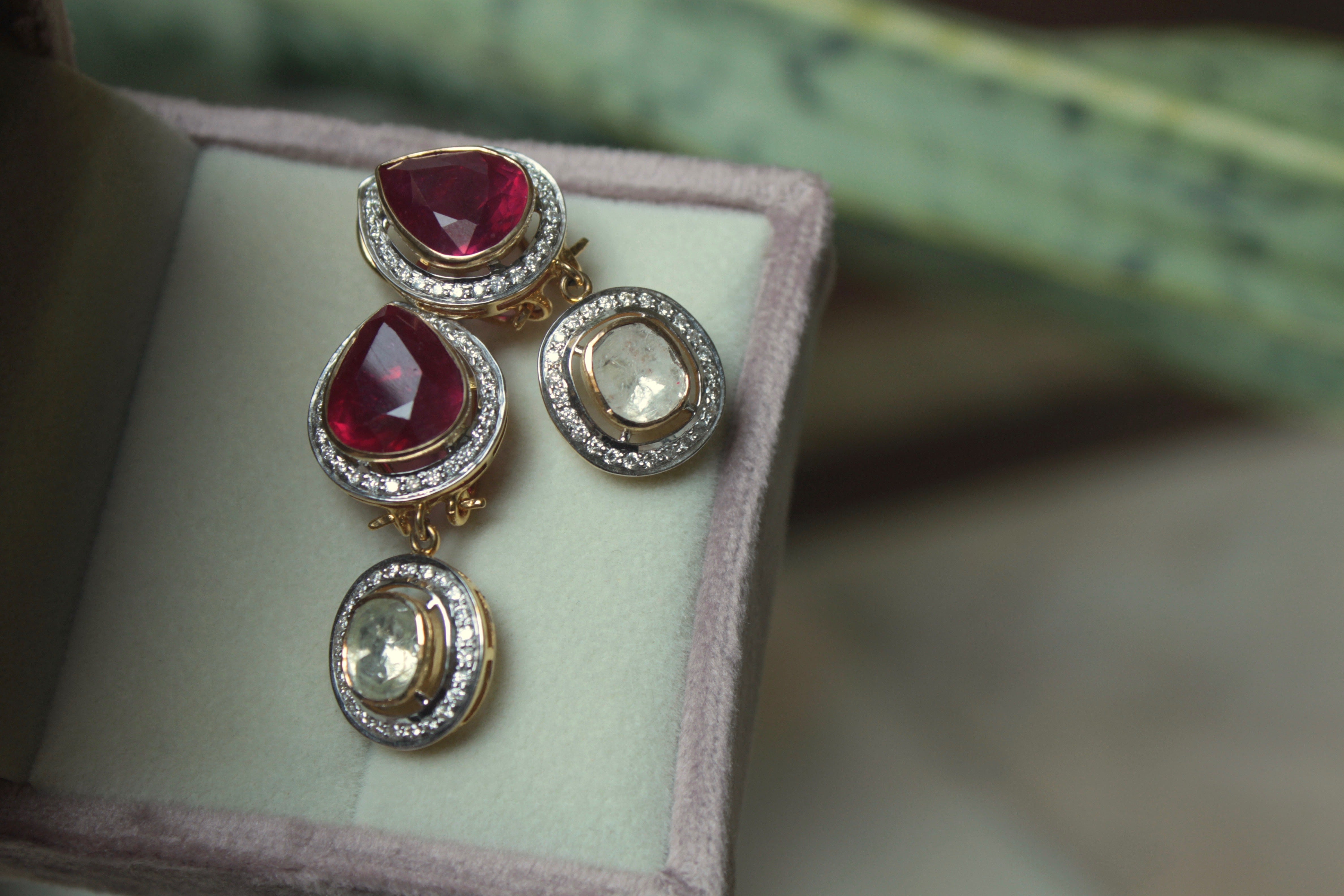 14K gold Saba Earrings with pear-shaped ruby and polki diamonds