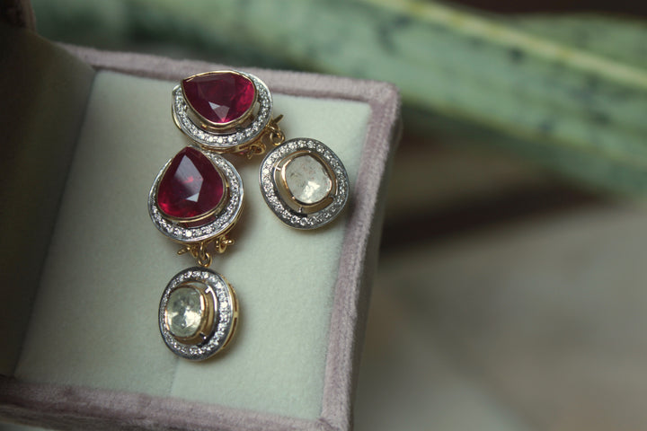 14K gold Saba Earrings with pear-shaped ruby and polki diamonds