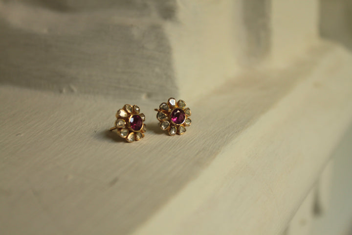 14K gold Noor Earrings floral design with polki diamonds and ruby