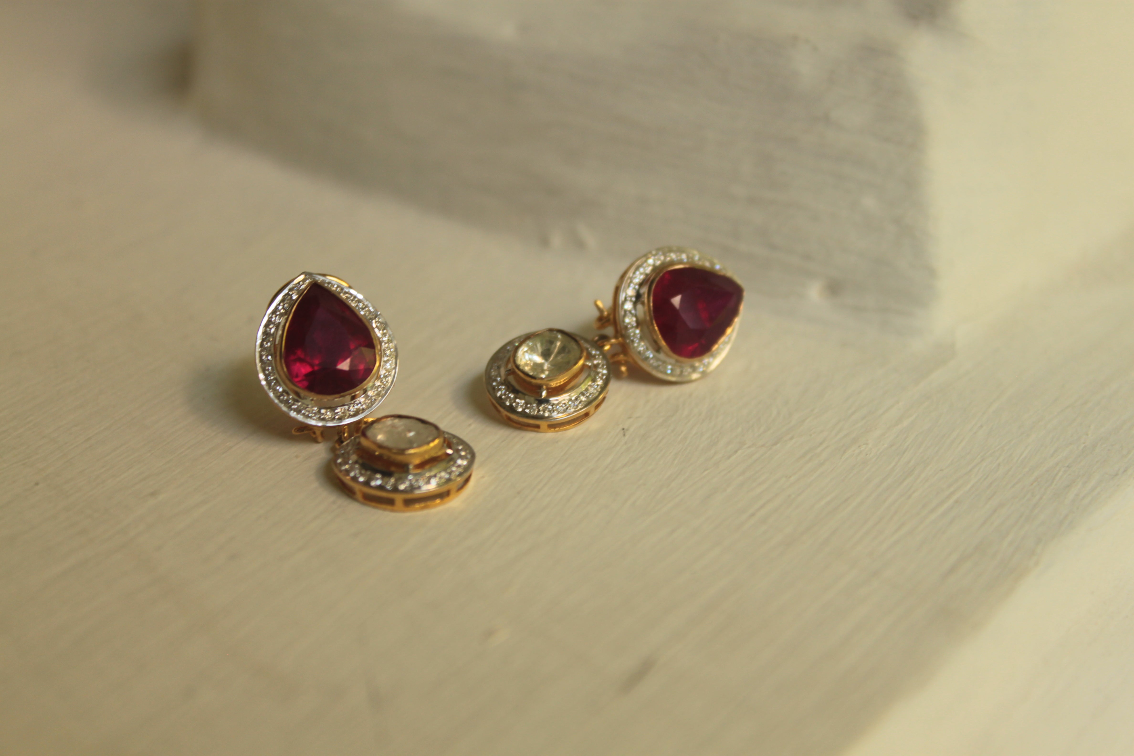 14K gold polki earrings heart-shaped ruby with crystals