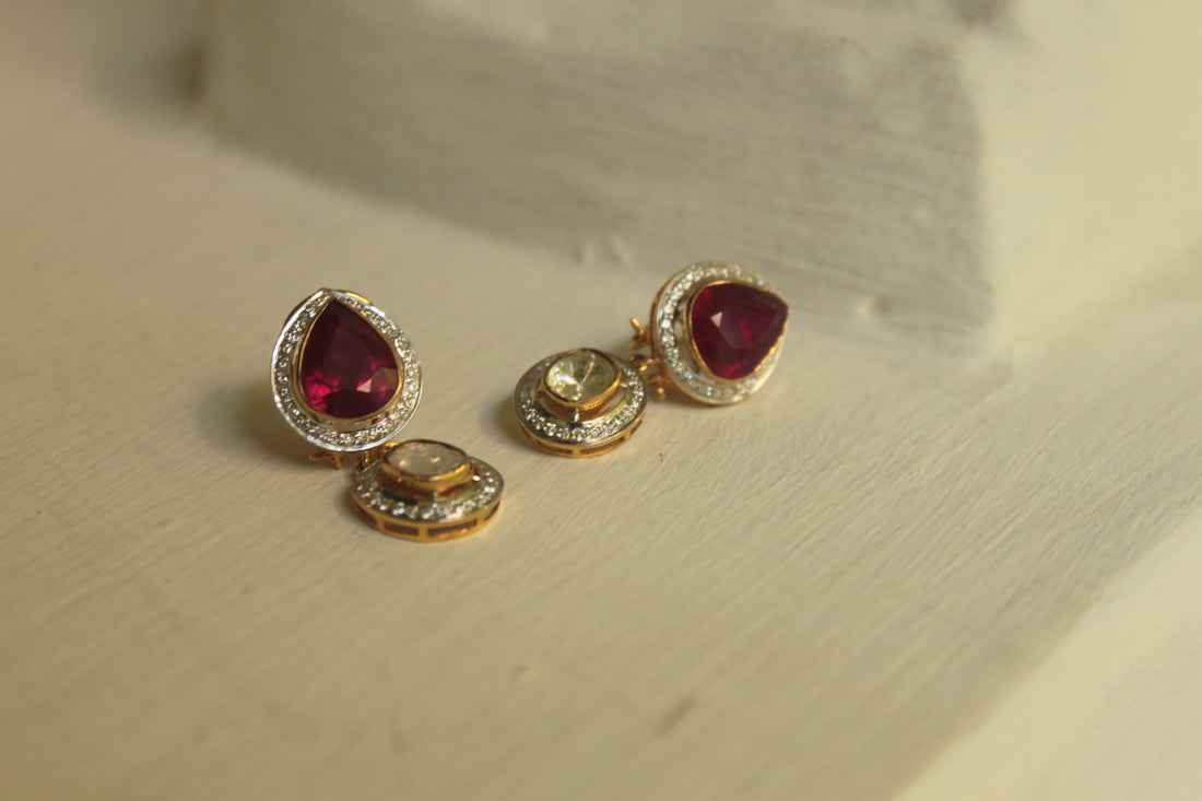 14K gold polki earrings heart-shaped ruby with crystals