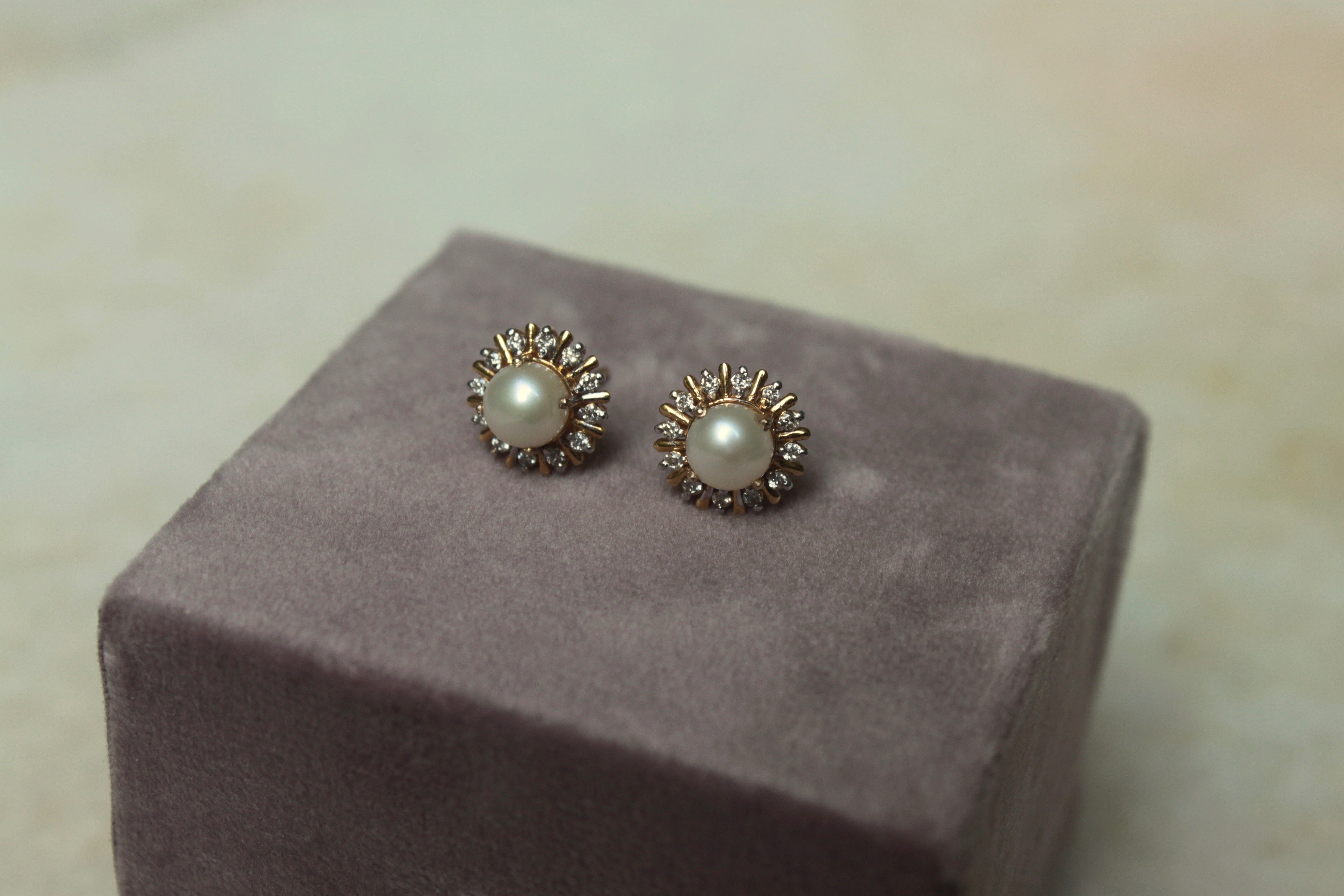 14K gold pearl stud earrings with clear crystal accents
