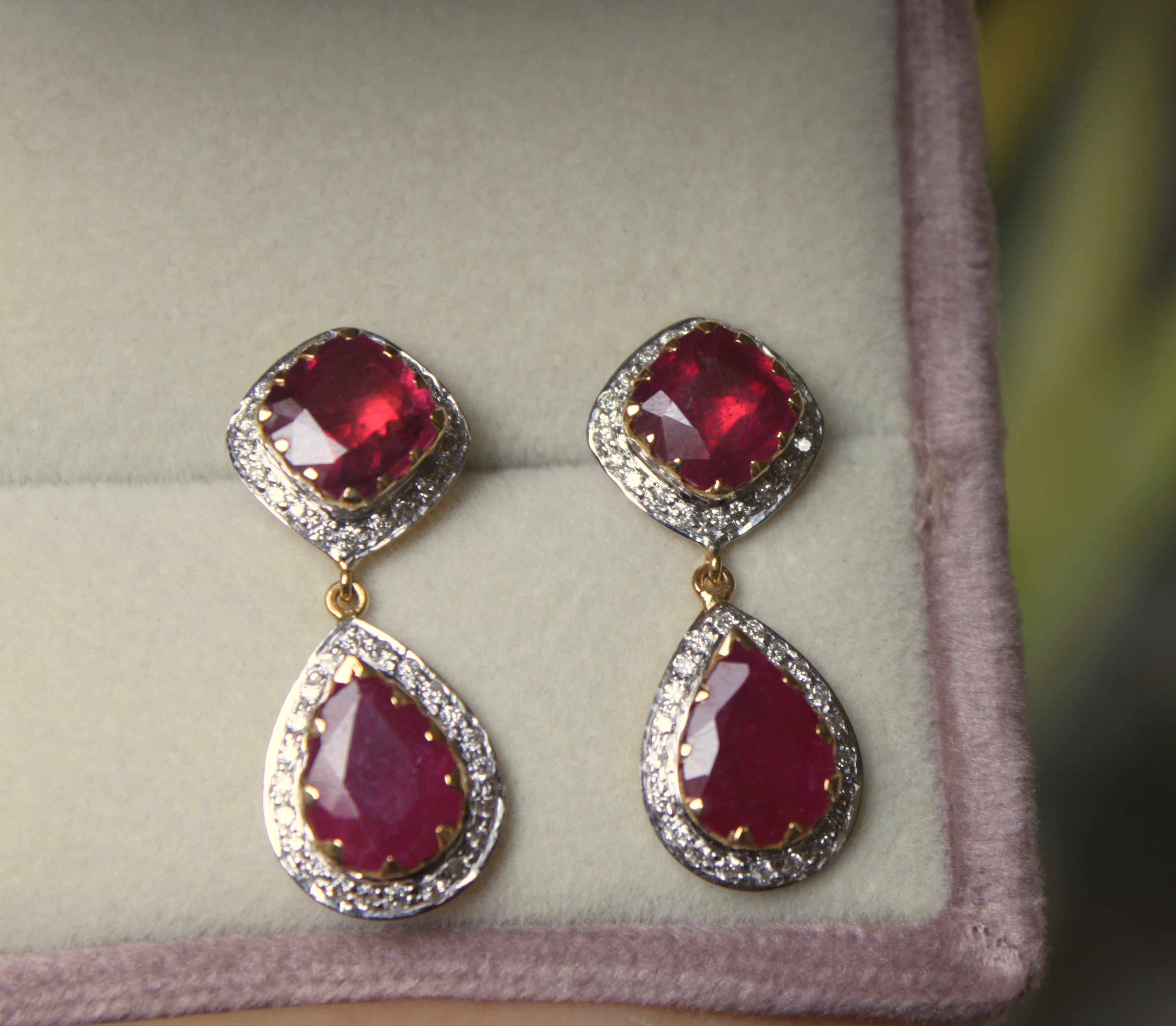 14K gold Umrao Earring cushion-cut pear-shaped ruby with diamonds