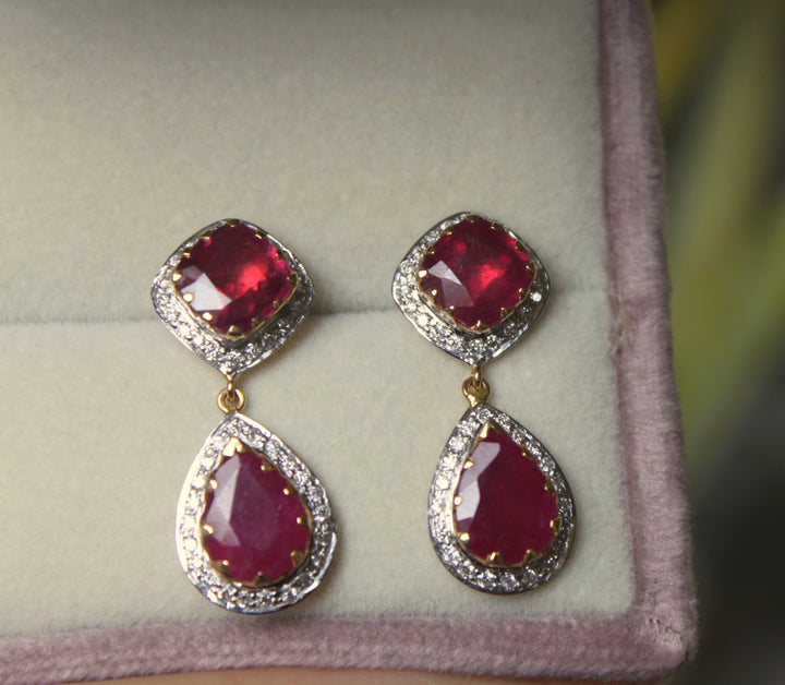 14K gold Umrao Earring cushion-cut pear-shaped ruby with diamonds