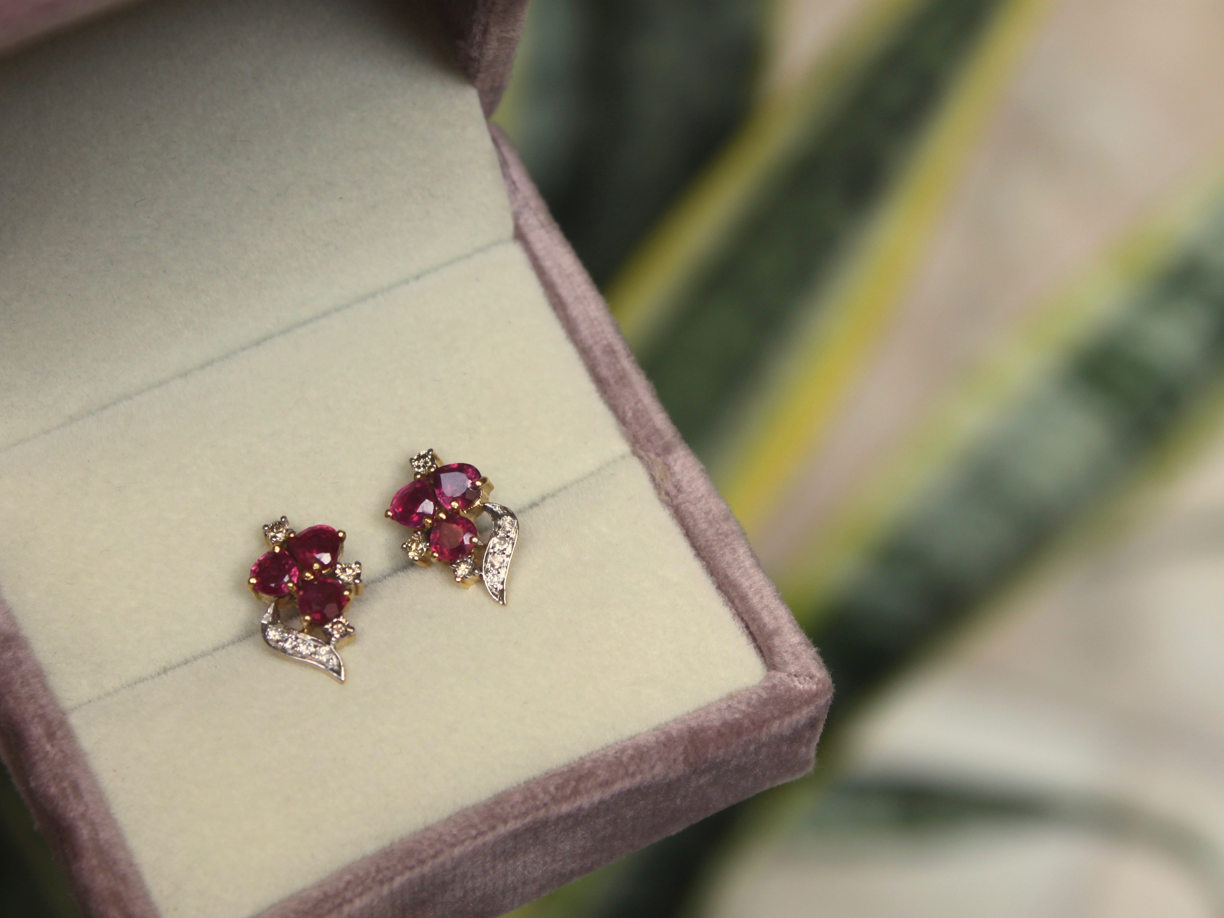 14K gold Faisa Earrings ruby floral cluster with diamonds