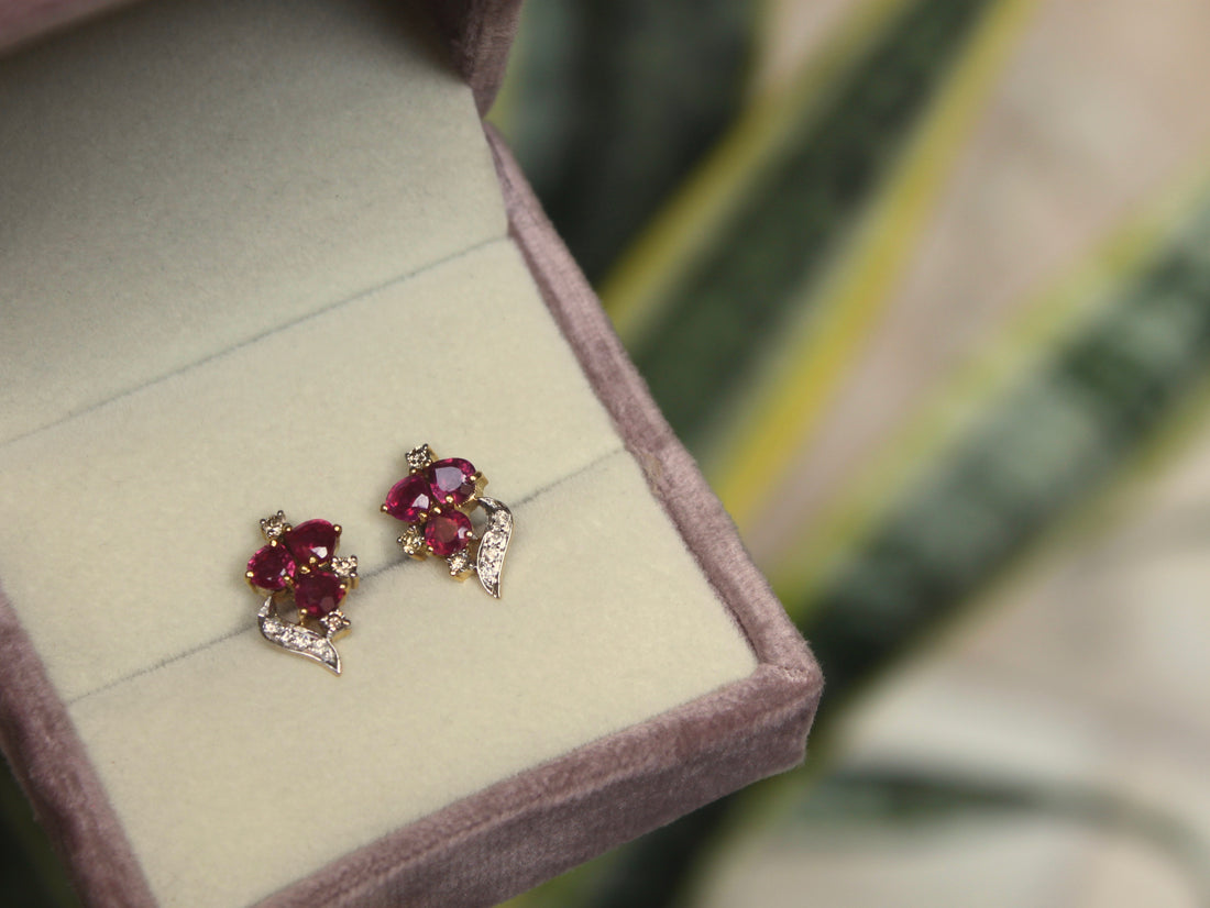 14K gold Faisa Earrings ruby floral cluster with diamonds