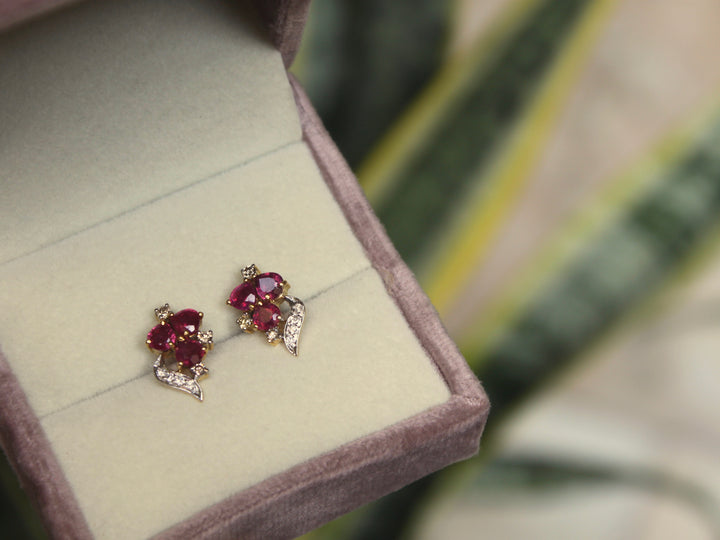 14K gold Faisa Earrings ruby floral cluster with diamonds