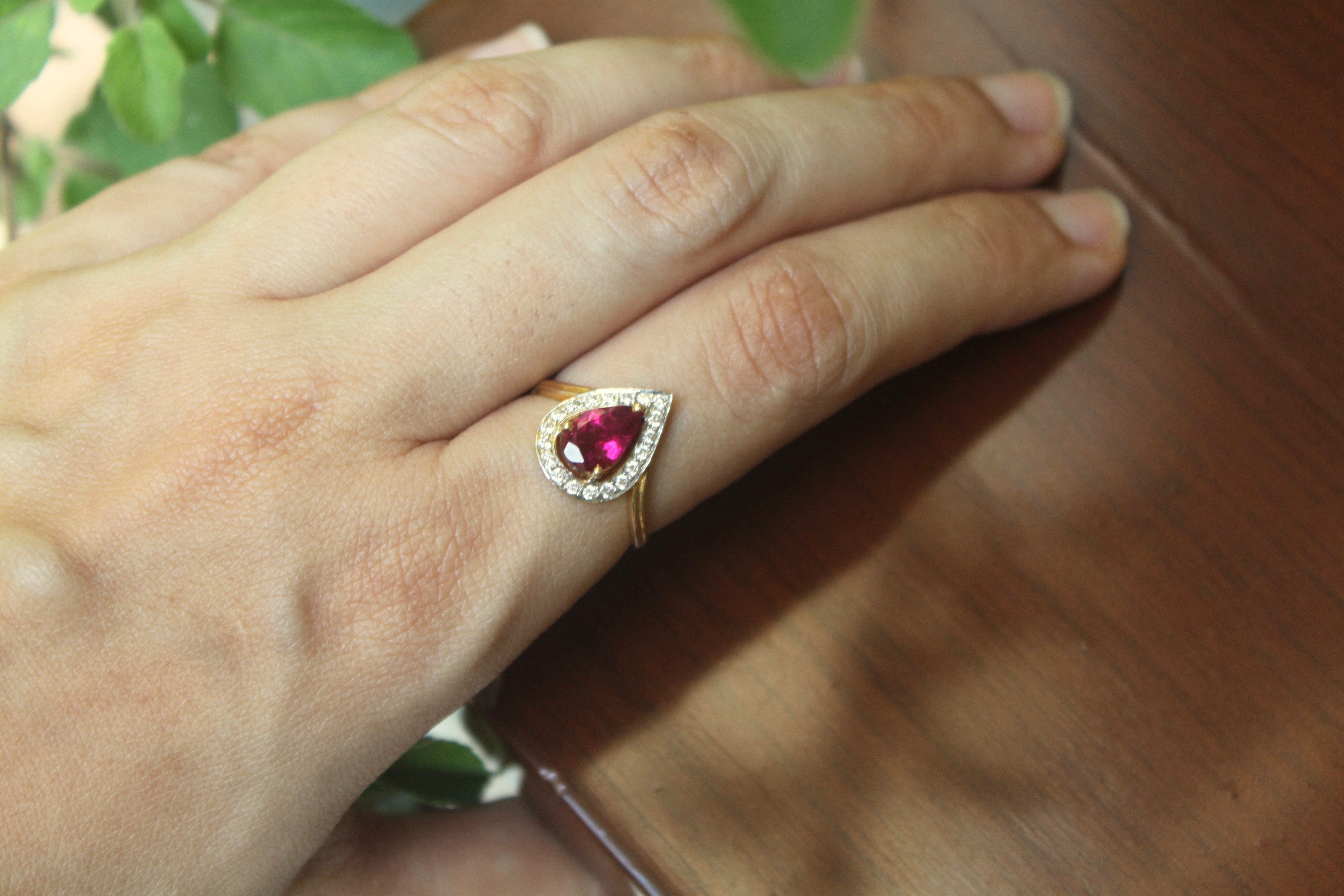 14K gold Afreen Ring with rubellite tourmaline teardrop setting and diamonds