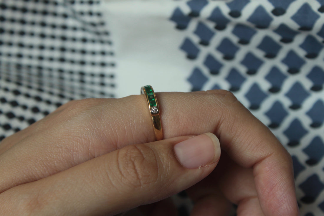 14K gold half band ring rectangular emerald stones