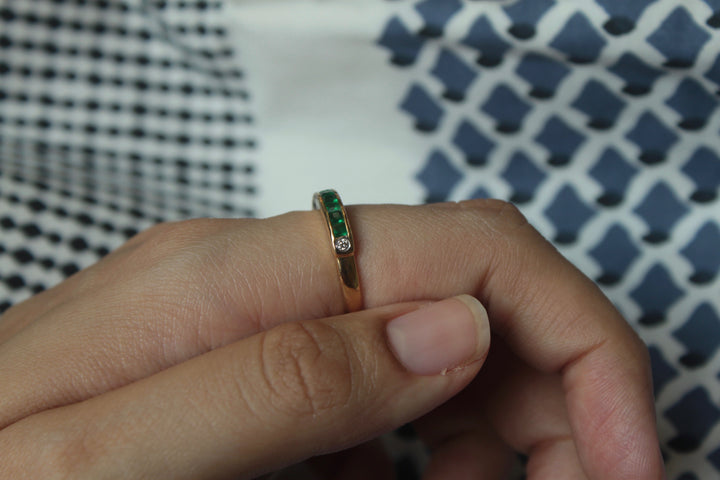 14K gold half band ring rectangular emerald stones