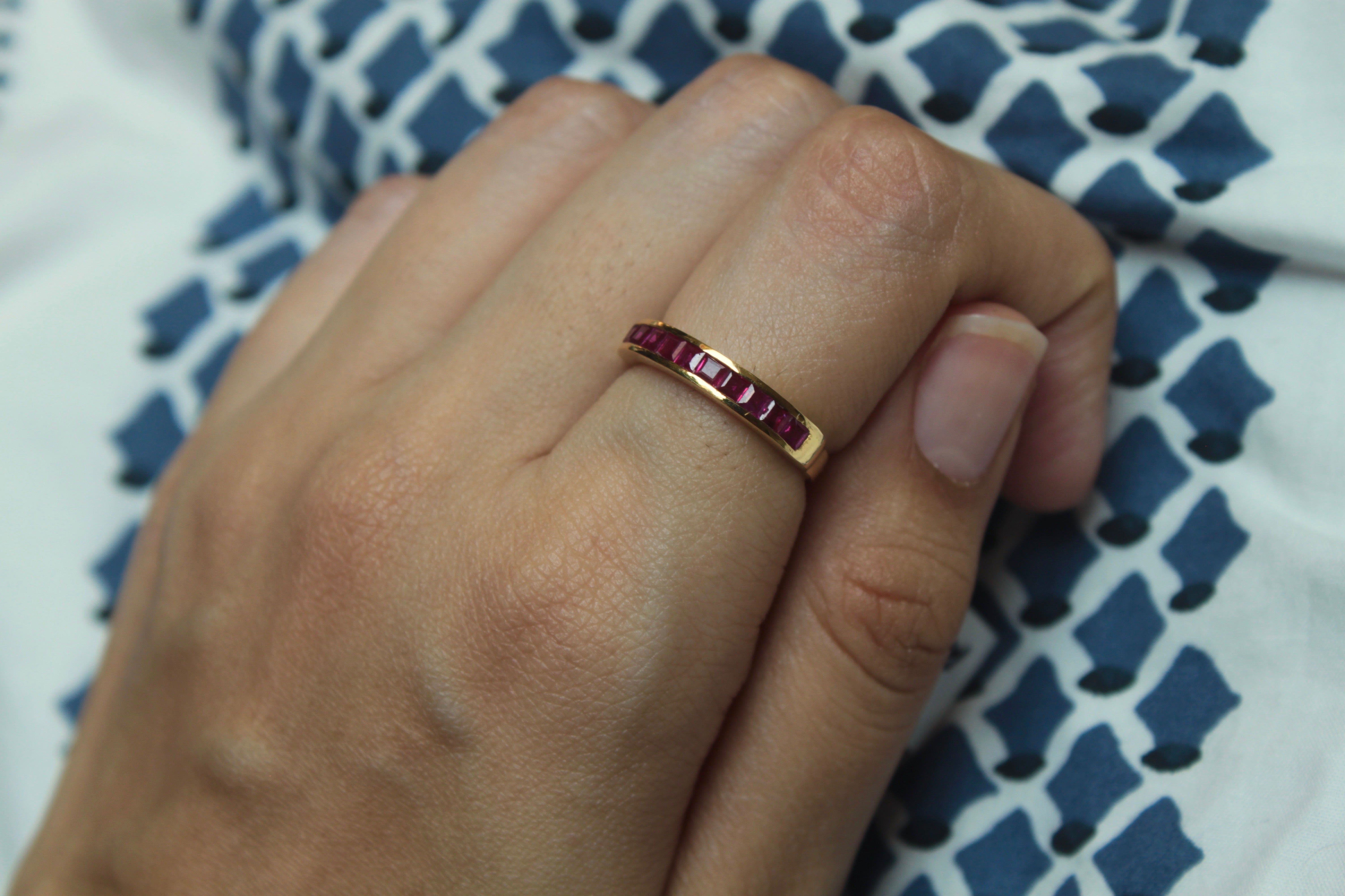 14K gold Ruby Half Band with rectangular rubies, polished finish