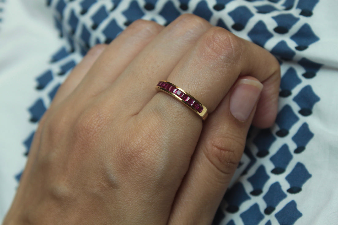 14K gold Ruby Half Band with rectangular rubies, polished finish