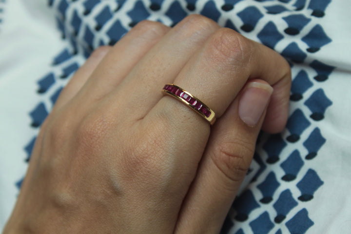14K gold Ruby Half Band with rectangular rubies, polished finish