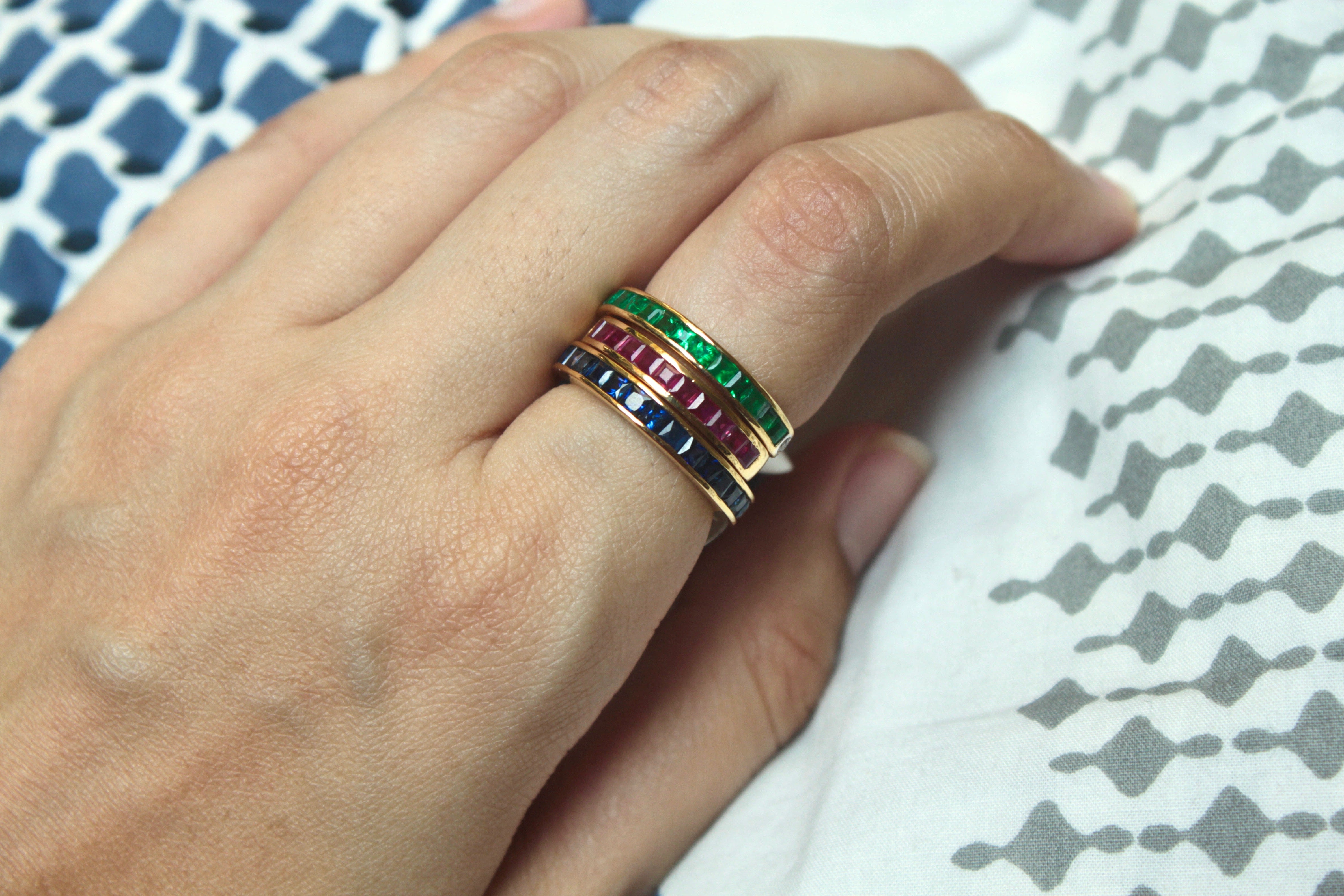 14K gold stacked half band rings green blue red purple