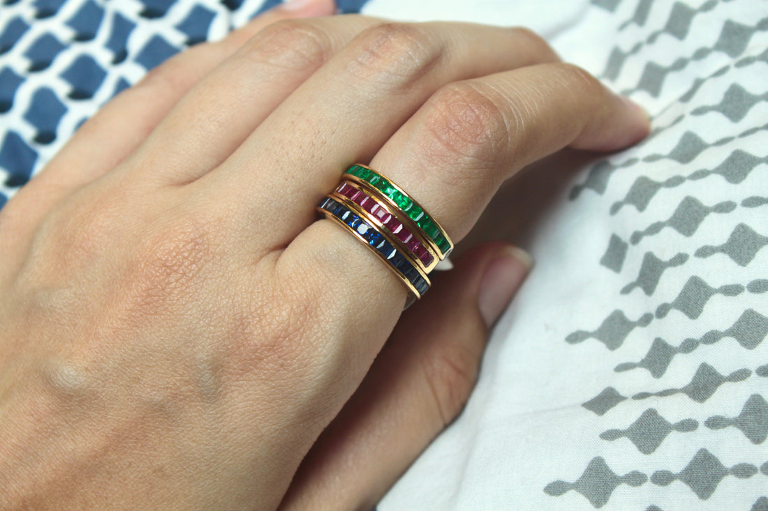 14K gold stacked half band rings green blue red purple