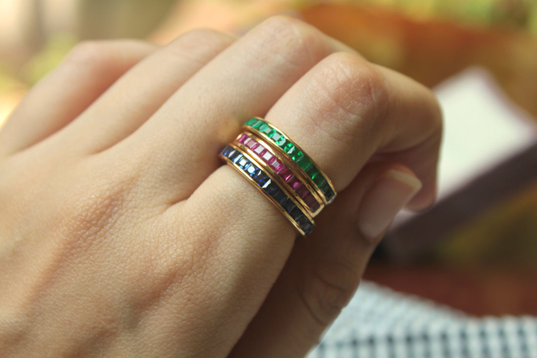 14K gold stacked half bands emerald sapphire and ruby