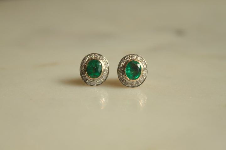 14K gold Salma Earrings with oval emerald and diamonds
