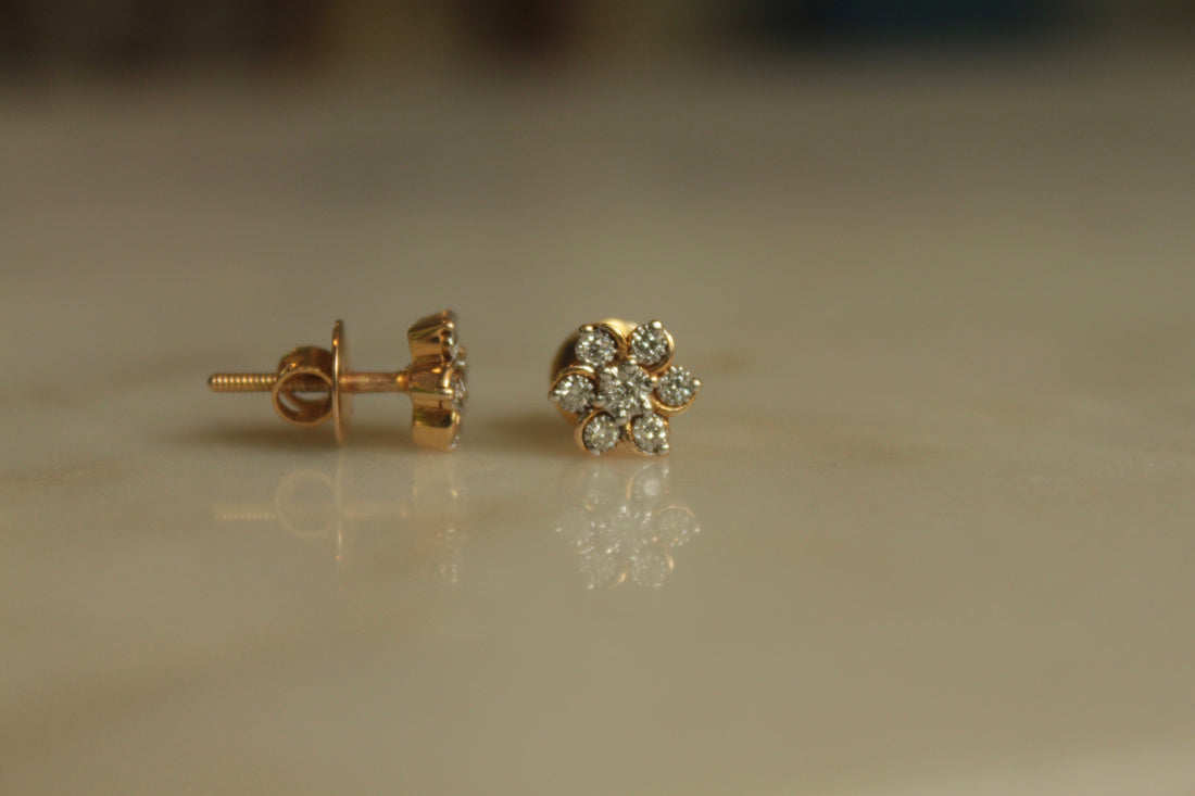 14K gold diamond stud earrings floral cluster design
