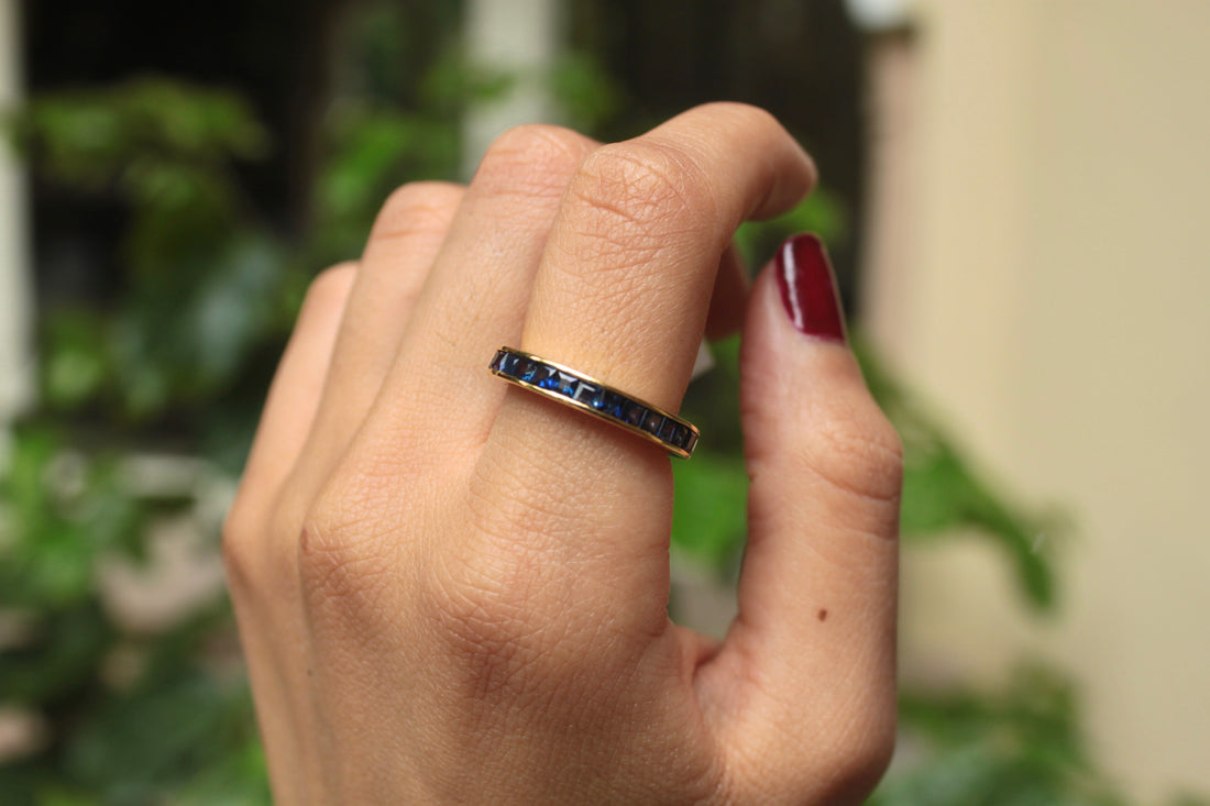 14K gold sapphire eternity band, continuous row of blue sapphires