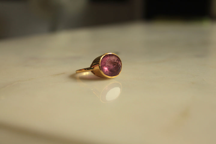 14K gold Maria Ring with round pink tourmaline in a smooth bezel setting