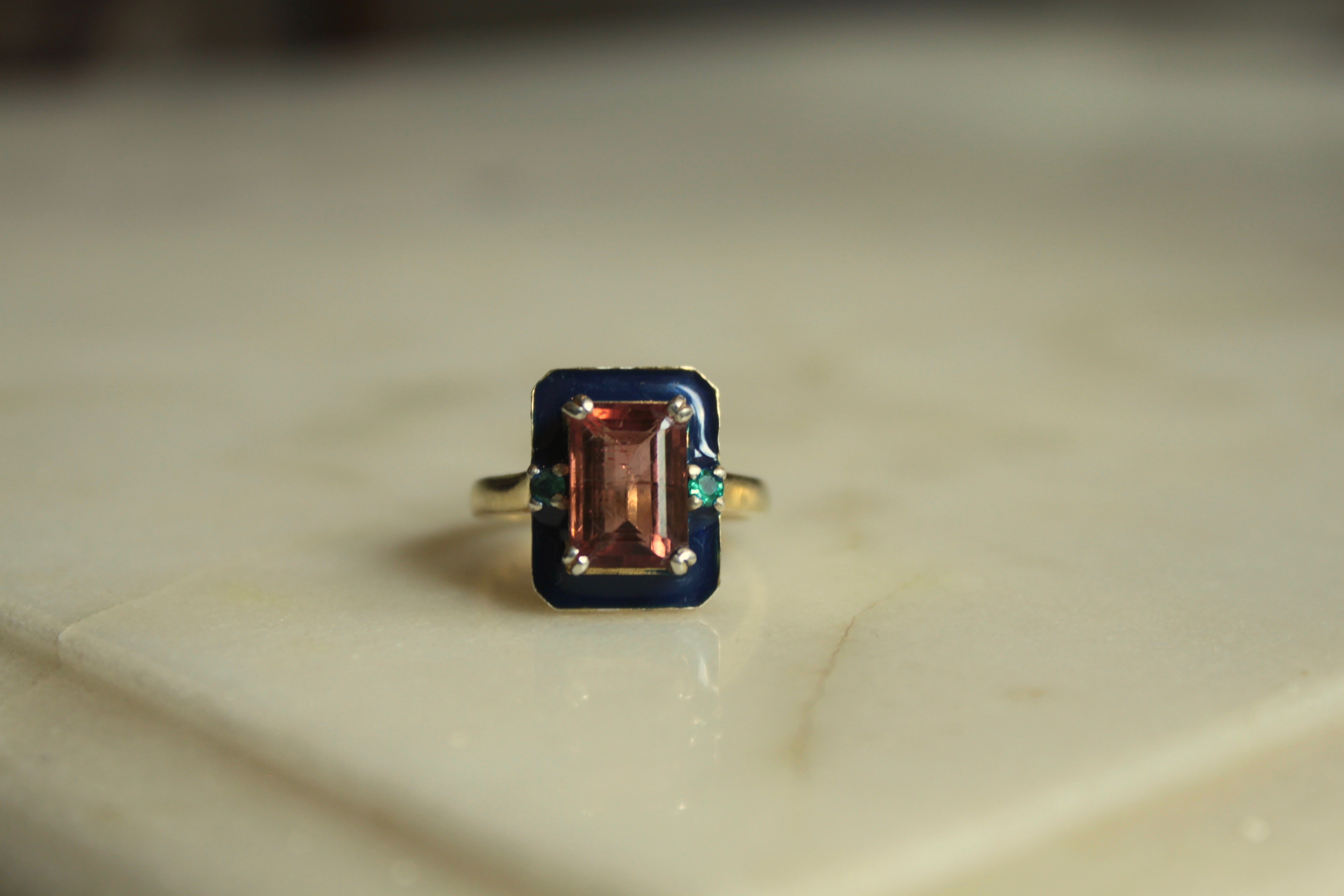 14K gold pink tourmaline ring in sleek modern frame, US size 6