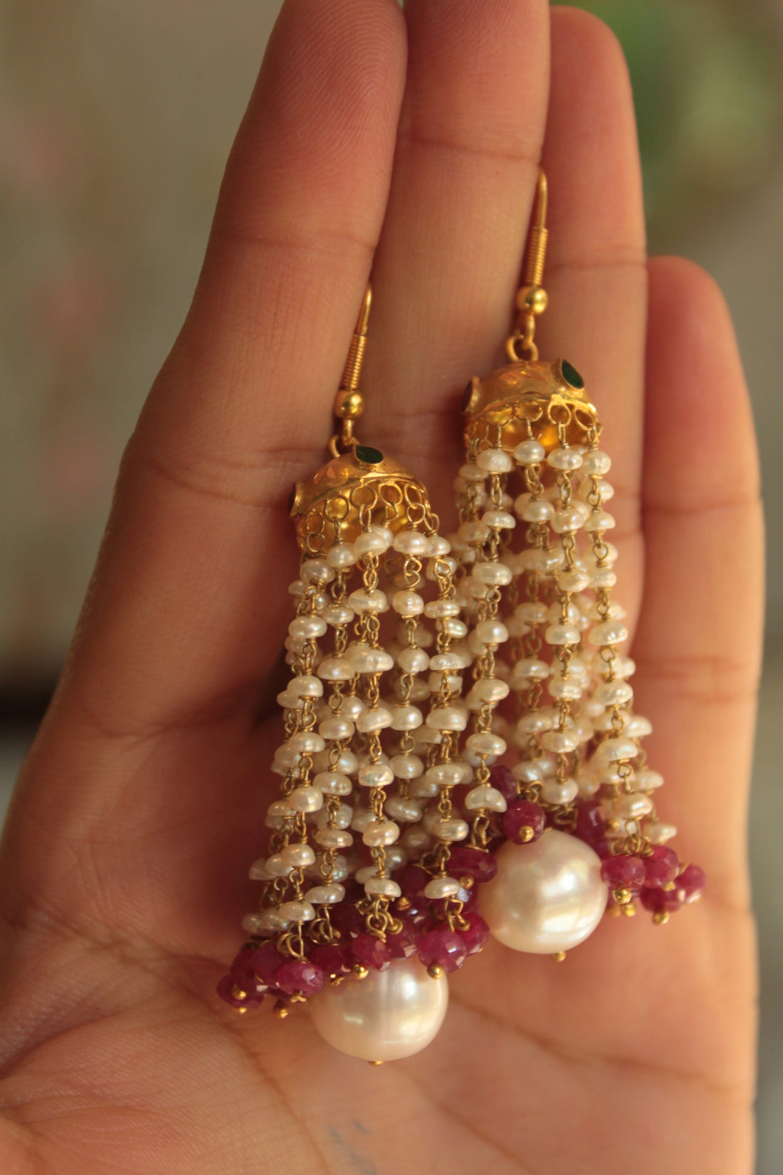 18K gold Ruby Nabila Jhumka with pearl strands and ruby beads