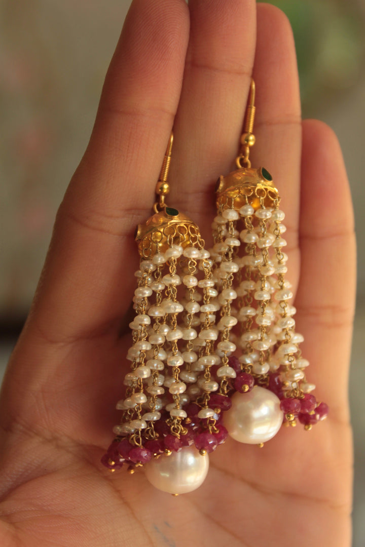 18K gold Ruby Nabila Jhumka with pearl strands and ruby beads