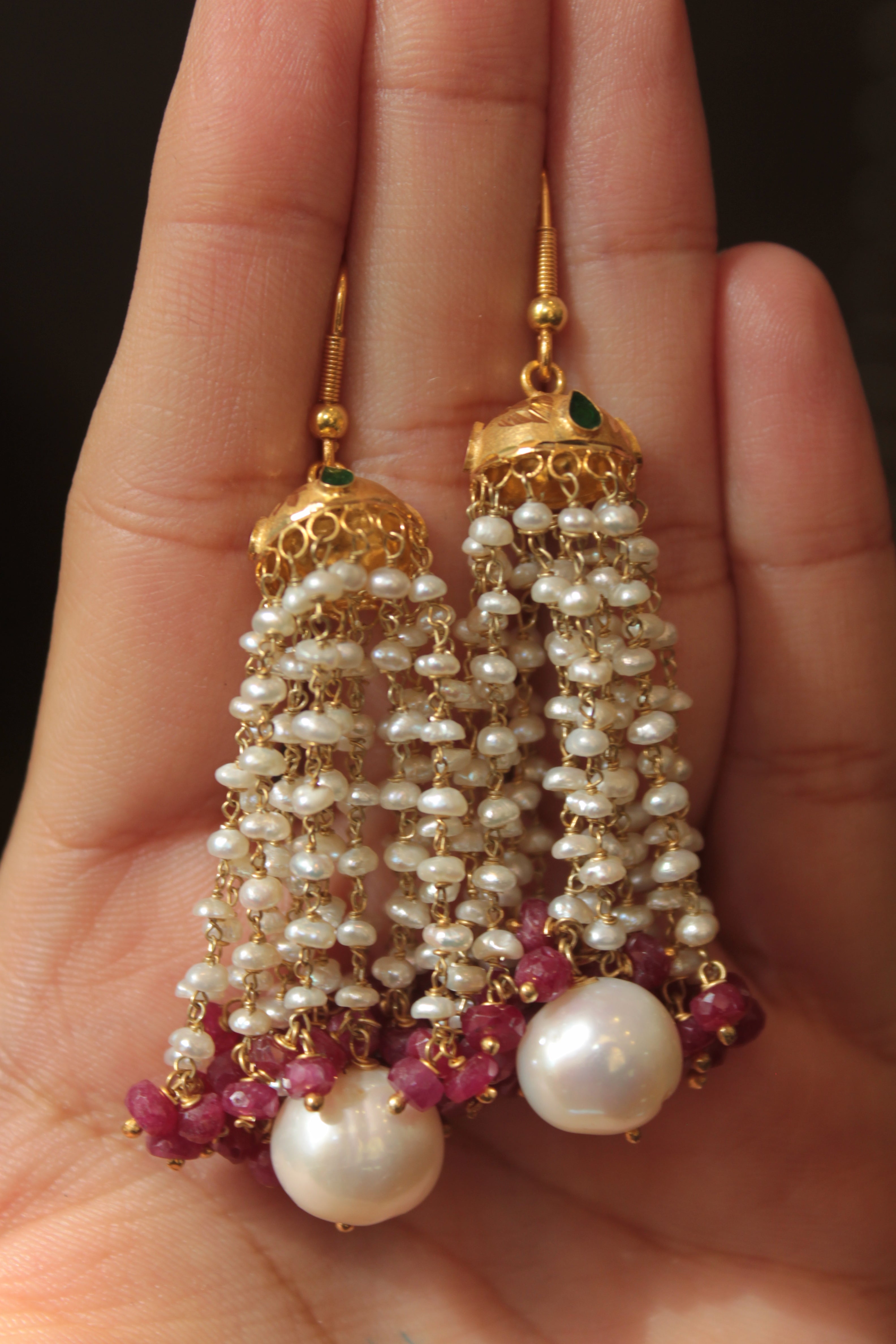 18K gold jhumka earrings with cascading pearls and ruby beads