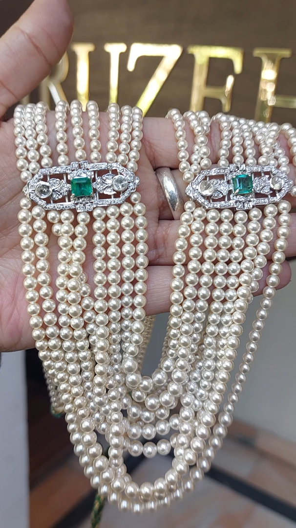 Diamond polki emerald pearl multi-strand necklace product photo