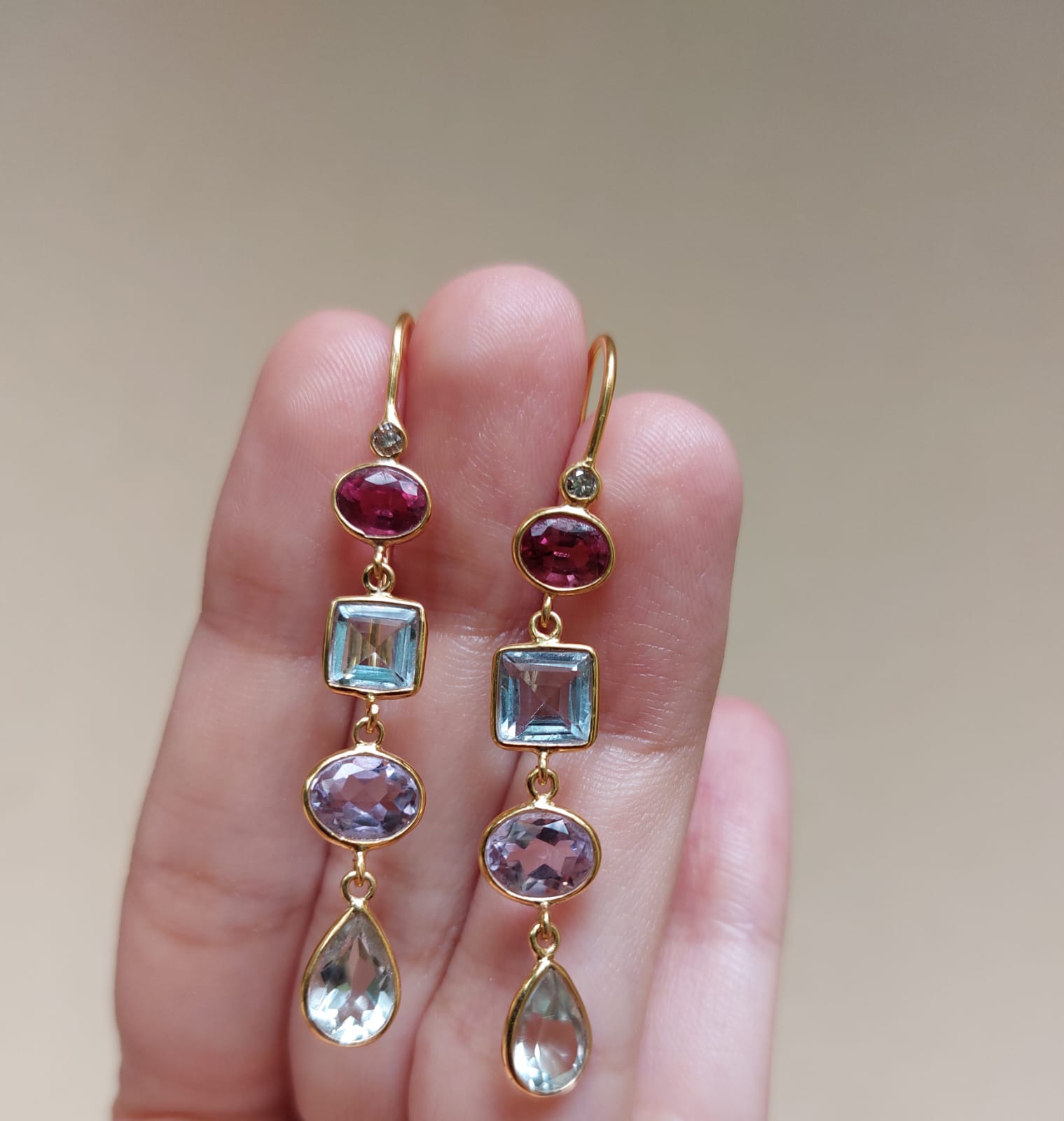 14K gold Iris Earrings multi-gemstone drop design