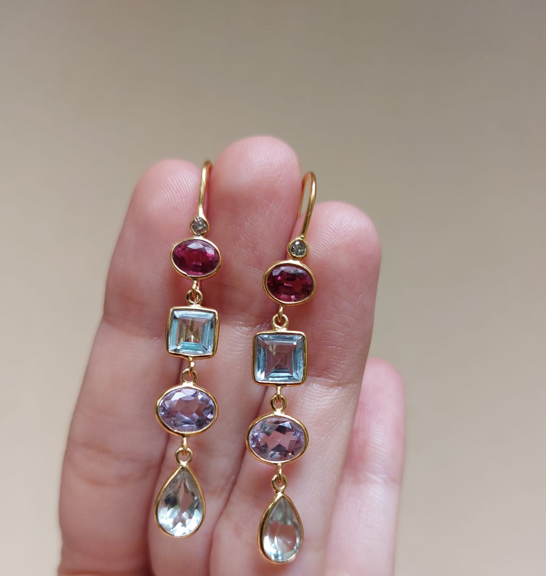 14K gold Iris Earrings multi-gemstone drop design