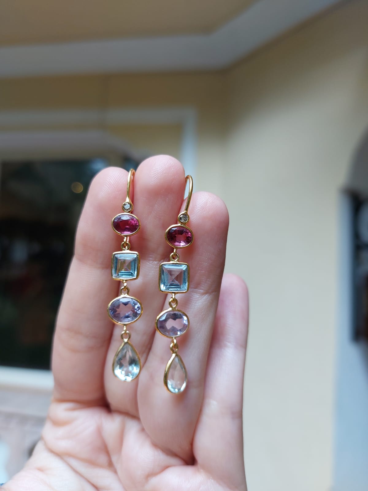 14K gold multicolored gemstone drop earrings