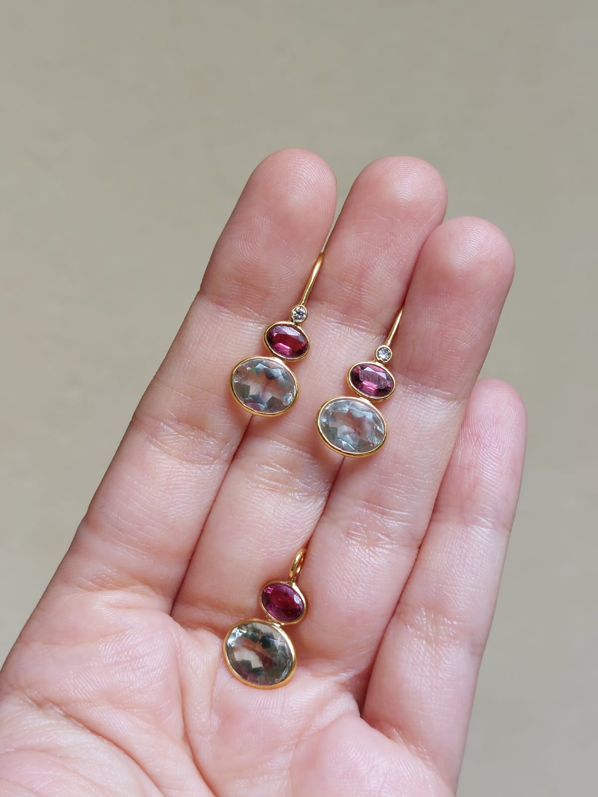 14K gold drop earrings multicolor stones pinkish-red gems